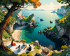 Printable Art of Couple Picnicking by Majestic Cliffs Overlooking Serene Bay