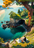 Printable Art of Couple Picnicking by Majestic Cliffs Overlooking Serene Bay