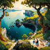 Printable Art of Couple Picnicking by Majestic Cliffs Overlooking Serene Bay