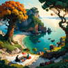 Printable Art of Couple Picnicking by Majestic Cliffs Overlooking Serene Bay