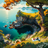 Printable Art of Couple Picnicking by Majestic Cliffs Overlooking Serene Bay