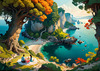 Printable Art of Couple Picnicking by Majestic Cliffs Overlooking Serene Bay