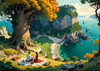 Printable Art of Couple Picnicking by Majestic Cliffs Overlooking Serene Bay