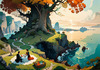 Printable Art of Couple Picnicking by Majestic Cliffs Overlooking Serene Bay