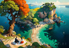 Printable Art of Couple Picnicking by Majestic Cliffs Overlooking Serene Bay