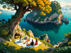 Printable Art of Couple Picnicking by Majestic Cliffs Overlooking Serene Bay
