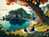 Printable Art of Couple Picnicking by Majestic Cliffs Overlooking Serene Bay