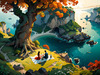 Printable Art of Couple Picnicking by Majestic Cliffs Overlooking Serene Bay
