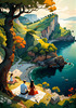 Printable Art of Couple Picnicking by Majestic Cliffs Overlooking Serene Bay