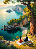 Printable Art of Couple Picnicking by Majestic Cliffs Overlooking Serene Bay