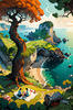 Printable Art of Couple Picnicking by Majestic Cliffs Overlooking Serene Bay