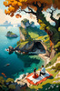 Printable Art of Couple Picnicking by Majestic Cliffs Overlooking Serene Bay