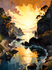 Printable romantic landscape art of a rocky cove at sunrise with a lone artist