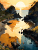 Printable romantic landscape art of a rocky cove at sunrise with a lone artist
