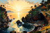 Printable romantic landscape art of a rocky cove at sunrise with a lone artist