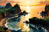 Printable romantic landscape art of a rocky cove at sunrise with a lone artist