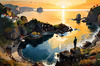 Printable romantic landscape art of a rocky cove at sunrise with a lone artist