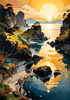 Printable romantic landscape art of a rocky cove at sunrise with a lone artist