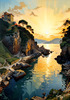 Printable romantic landscape art of a rocky cove at sunrise with a lone artist