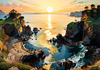 Printable romantic landscape art of a rocky cove at sunrise with a lone artist