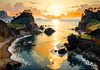 Printable romantic landscape art of a rocky cove at sunrise with a lone artist