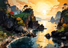 Printable romantic landscape art of a rocky cove at sunrise with a lone artist