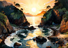 Printable romantic landscape art of a rocky cove at sunrise with a lone artist