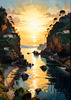 Printable romantic landscape art of a rocky cove at sunrise with a lone artist