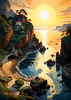 Printable romantic landscape art of a rocky cove at sunrise with a lone artist