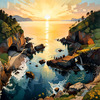 Printable romantic landscape art of a rocky cove at sunrise with a lone artist