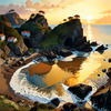 Printable romantic landscape art of a rocky cove at sunrise with a lone artist