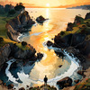 Printable romantic landscape art of a rocky cove at sunrise with a lone artist