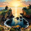 Printable romantic landscape art of a rocky cove at sunrise with a lone artist