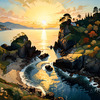 Printable romantic landscape art of a rocky cove at sunrise with a lone artist