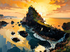Printable romantic landscape art of a rocky cove at sunrise with a lone artist