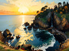 Printable romantic landscape art of a rocky cove at sunrise with a lone artist