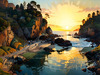 Printable romantic landscape art of a rocky cove at sunrise with a lone artist