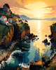 Printable romantic landscape art of a rocky cove at sunrise with a lone artist