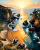 Printable romantic landscape art of a rocky cove at sunrise with a lone artist