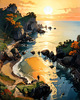 Printable romantic landscape art of a rocky cove at sunrise with a lone artist
