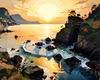 Printable romantic landscape art of a rocky cove at sunrise with a lone artist