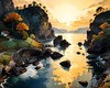 Printable romantic landscape art of a rocky cove at sunrise with a lone artist