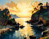 Printable romantic landscape art of a rocky cove at sunrise with a lone artist