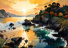 Printable romantic landscape art of a rocky cove at sunrise with a lone artist