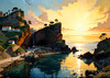 Printable romantic landscape art of a rocky cove at sunrise with a lone artist