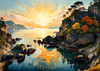 Printable romantic landscape art of a rocky cove at sunrise with a lone artist
