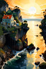 Printable romantic landscape art of a rocky cove at sunrise with a lone artist