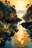 Printable romantic landscape art of a rocky cove at sunrise with a lone artist