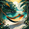 Printable Romantic Landscape of a Tropical Beach with Hammocks Between Trees