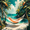 Printable Romantic Landscape of a Tropical Beach with Hammocks Between Trees